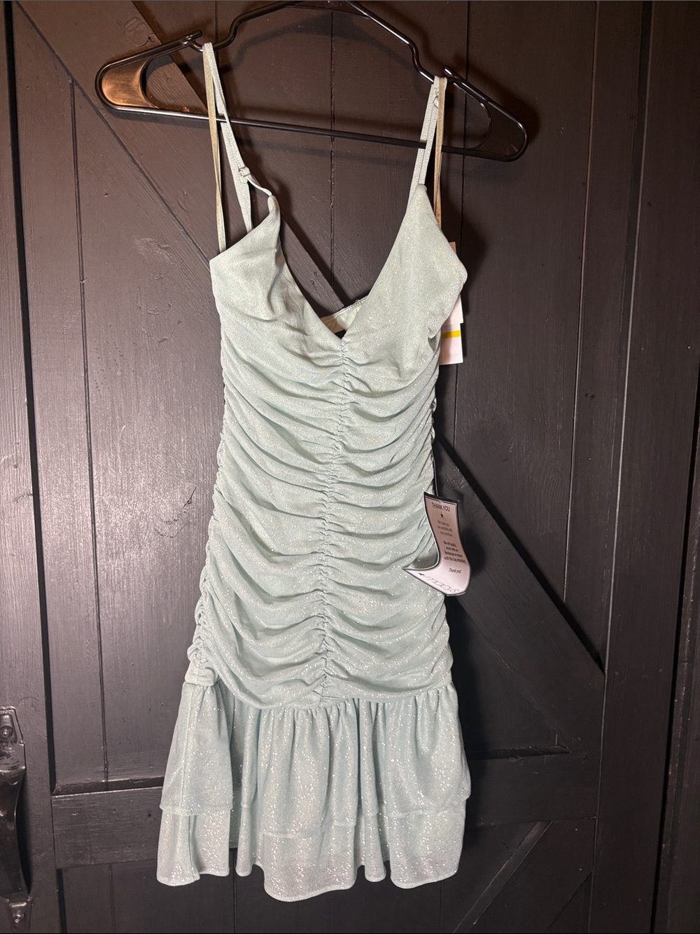 Jump Shimmery Mint Ruched Mini Dress with Ruffle Hem